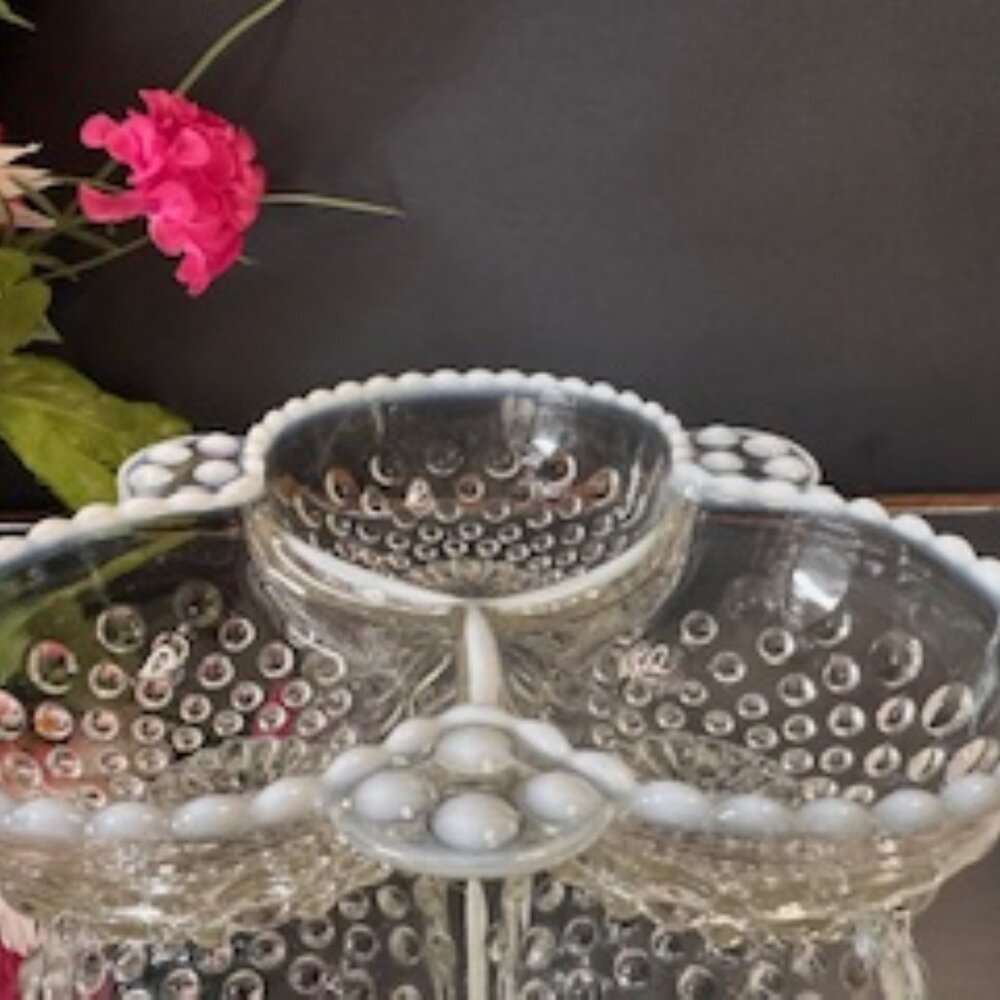 Vintage Anchor Hocking Moonstone Hobnail Milk Glass‎ Ruffled Dish Opalescent MCM